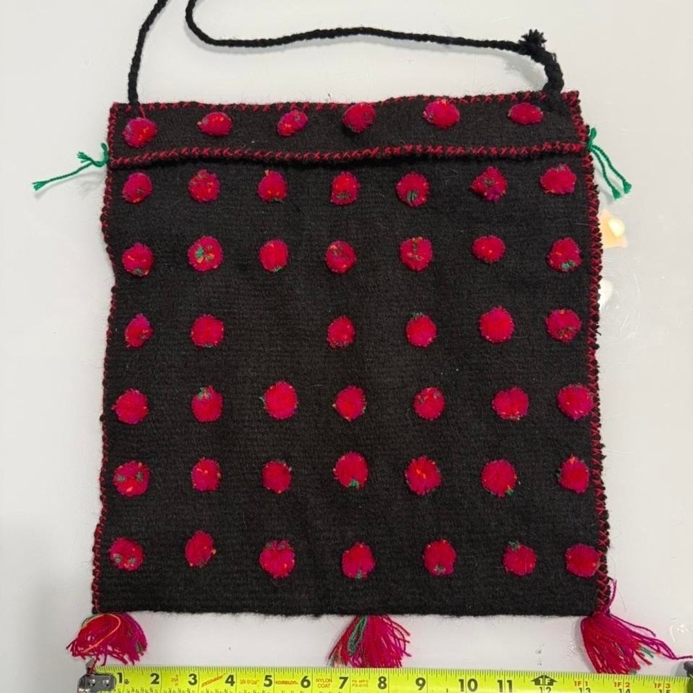 Handmade Wool Pom Pom Crossbody Bag Folk Art Boho Knit Satchel Vintage